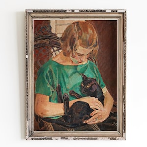 CANVAS ART PRINT | Girl and Black Cat Wall Art Print | A Child and a Cat Oil Painting | Pet Portrait Home Decor | Child Room Wall Decor