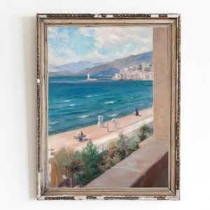 LEINWAND ART-PRINT | Blick aus dem Fenster in Canvas Kunstdruck | Szenische Offene Fenster Ansicht des Mittelmeers von einem Raum-Ölgemälde
