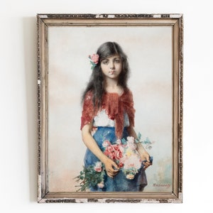 STAMPA ARTISTICA SU TELA / Stampa artistica da parete con ragazza con fiori / Decorazione per la casa per bambini / Ritratto classico di ragazza vintage / Dipinto per la cameretta dei bambini