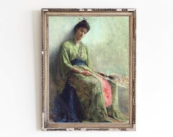 CANVAS ART PRINT | Vintage Female Figurative Wall Art | Woman Portrait Home Decor | Sleepy Young Woman Oil Painting | Traditional Kimono