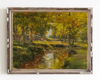 Vintage Fall Landscape Canvas Art Print | Autumn Forest Stream