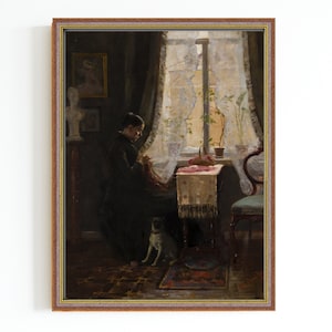 CANVAS ART PRINT | Vintage Lady Sewing Oil Painting | Antique Woman Portrait | Classic Female Painting | Interior Scene Wall Art Print