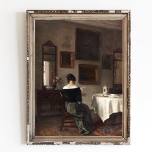 PRINTABLE ART | Vintage Interior Scene Oil Painting | At the Breakfast Table Art Print | Classic Woman Portrait | Dining Room Decor