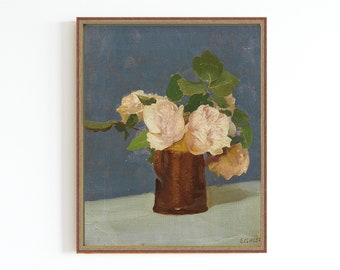 IMPRESSION D'ART SUR TOILE | peinture de fleurs vintage | Roses roses dans une peinture à l’huile de cruche | Nature morte aux roses | Décor mural de cuisine | Décor de ferme