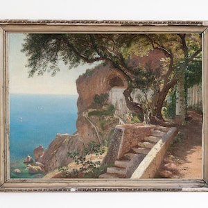 CANVAS ART PRINT | A Narrow Steep Street with Oleanders Wall Art Print | Amalfi Coast Italy Artwork |Mediterranean Architecture Oil Painting