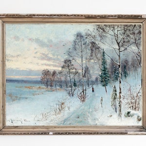PRINTABLE ART | Vintage Winter Oil Painting | Scandinavian Snowy Landscape | Snowy Birch Trees Wall Art Print | Frozen Lake Painting