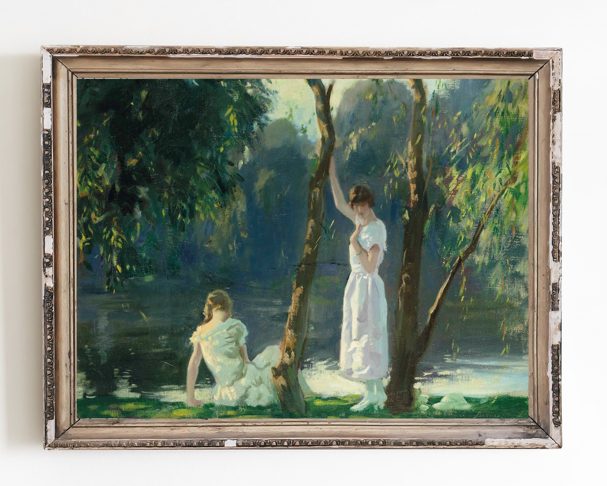 PRINTABLE ART | Girls at the Riverbank Oil Painting | Vintage River Art ...