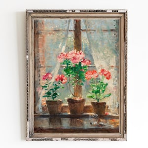 CANVAS ART PRINT | Flowers on the Window Wall Art Print | Vintage Geraniums Oil Painting | Still Life Home Decor | Red Geraniums Painting