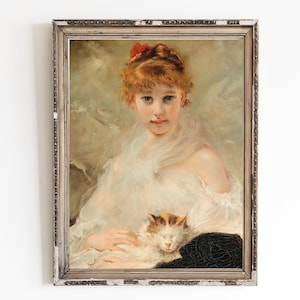 PRINTABLE ART | Girl Playing With Cat Oil Painting | Child and Cat Art Print | Vintage Girl Portrait | Kids Room Decor | Animal Artwork