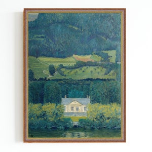 CANVAS ART PRINT | House at the Lake Art Print | Mountain Landscape Painting | Green Hills Scenery Painting