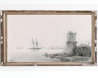 Stampa artistica su tela costiera d'epoca / Schizzo di barca a vela e torre