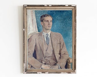 May include: A framed oil painting of a man in a light brown suit, sitting in a chair. The man is looking to the right of the frame. The background is a blue and white abstract pattern.