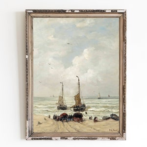 DRUCKBARE KUNST | Vintage Segelboot Ölgemälde | Meer Landschaft Malerei | Ozean Malerei | Fischerboote Kunstdruck | Seelandschaft Wandkunst