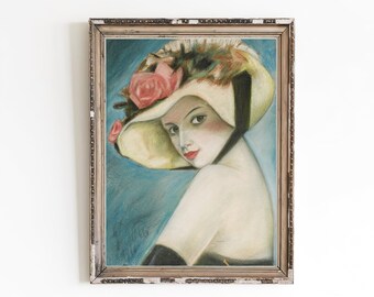 Vintage Lady in Hat Canvas Art Print | Retro Woman Portrait
