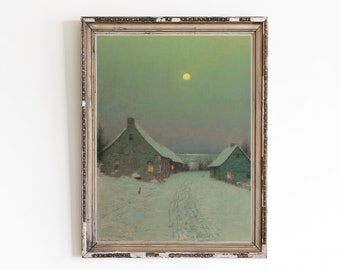 PRINTABLE ART | Vintage Christmas Eve Oil Painting | Antique Countryside Wall Art Print | Snowy Village Print | Winter Farmhouse Decor