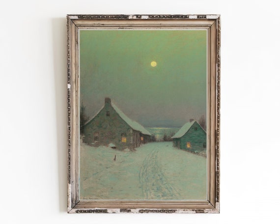 ヴィンテージのクリスマスイブ油絵|雪に覆われた農家のプリント ヴィンテージのクリスマスイブ油絵|雪に覆われた農家のプリント