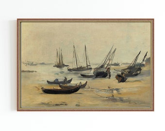 IMPRESSION D'ART SUR TOILE | La plage à marée basse Aquarelle | Peinture de bateaux | Peinture de paysage céleste | Bateaux Aquarelle Art Print | Peinture Nautique