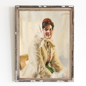CANVAS ART PRINT | Girl in a Scarf Wall Art Print | Vintage Portrait of Young Peasant Girl Oil Painting | Classic Female Portrait Artwork