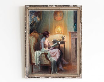 CANVAS ART PRINT | Elegant Woman Painting Art Print | Vintage Reading Girl Oil Painting | Female Portrait | Book Lover | Literary Painting