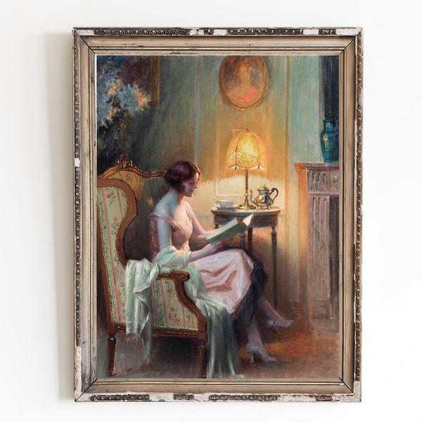 CANVAS ART PRINT | Elegant Woman Painting Art Print | Vintage Reading Girl Oil Painting | Female Portrait | Book Lover | Literary Painting