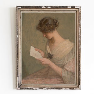 IMPRESIÓN DE ARTE DE LIENZO / Impresión de arte de pared de carta de lectura de mujer / Decoración del hogar de retrato femenino / Pintura de color neutro / Arte de retrato antiguo