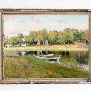CANVAS ART PRINT | Vintage Bota Wall Art Print | Old Wooden Boat Home Decor | Rowing Fishing Boat Painting | River Coast At Summer Sunny Day