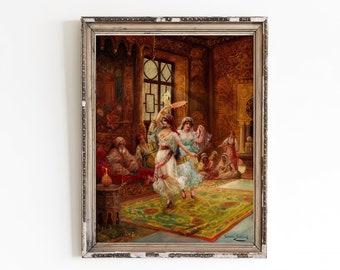 CANVAS ART PRINT | Harem Interior With Dancing Women Oil Painting | Vintage Turkish Art | Classic Oriental Artwork | Belly Dance Painting