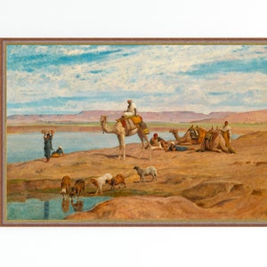 LEINWAND ART-PRINT | Oase am Nil Vintage Gemälde | Kamel Wohnwagen Ruhen Gemälde | Arabische Landschaft Wandkunst | Orientalisches Kunstwerk