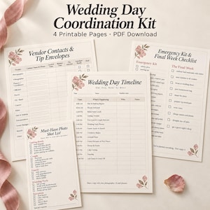 Puede incluir: Un kit de coordinación para el día de la boda que consta de cuatro páginas imprimibles con detalles florales. Los documentos incluyen una lista de contactos de proveedores, un cronograma del día, una lista de fotos y una lista de verificación final.