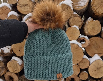 Womens Knit Hat, Double Brim Beanie, Removable Faux Fur Pom, Womens Toque, Chunky Knit Beanie with Pom Pom