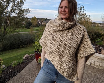 Chunky Crochet Asymmetrical Poncho, Women's Hand Knit Poncho, Crochet Shawl, Cowl Neck Poncho Sweater, Funky Festival Poncho