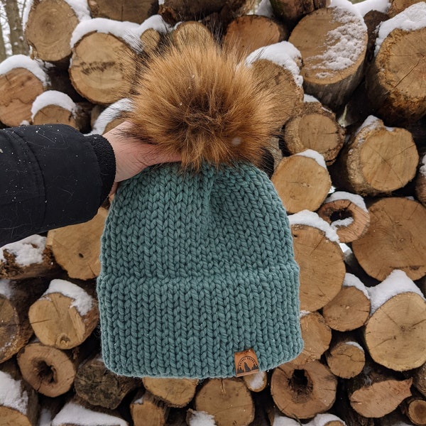 Womens Knit Hat, Double Brim Beanie, Removable Faux Fur Pom, Womens Toque, Chunky Knit Beanie with Pom Pom