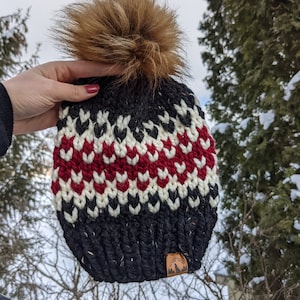 Womens Knit Hat, Multi Color Knit Beanie, Ski Knit Hat, Red White and Black Hat, Womens Winter Sports Toque, Chunky Knit Beanie with Pom Pom