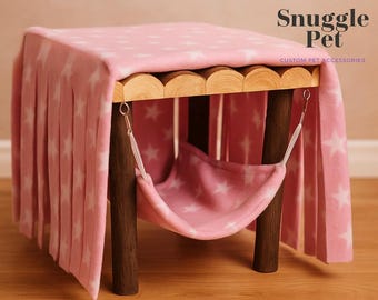 Hamac pour animal de compagnie en polaire avec support en bois naturel | Lit pour cochons d'Inde / petits animaux de compagnie / cachette