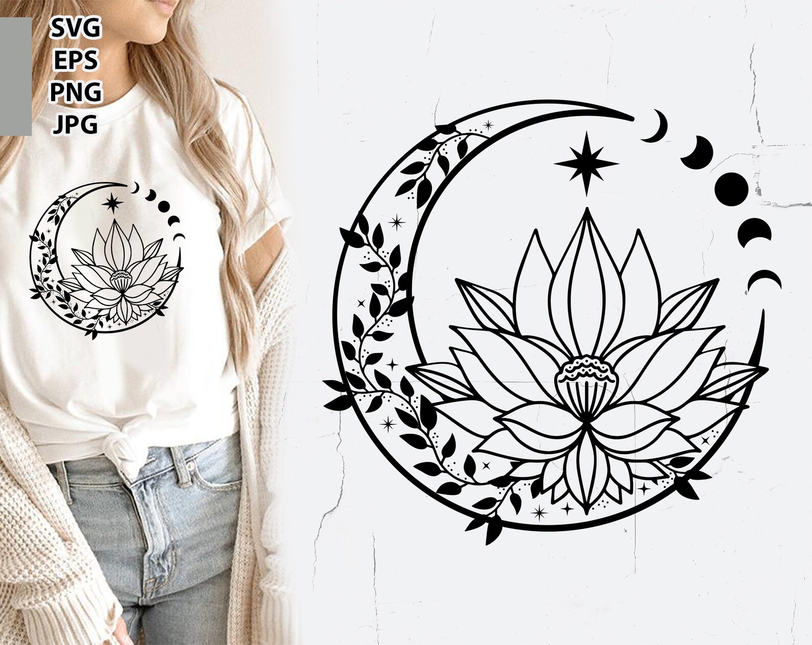 Flower Moon Svg Moon Lotus Svg Crescent moon svg Floral Etsy