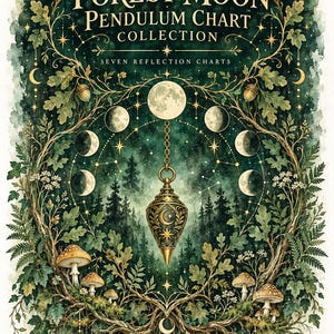 May include: A decorative chart titled The Forest Moon Pendulum Chart Collection Seven Reflection Charts. The artwork features a central pendulum hanging over a dark green forest, surrounded by a circular moon phase cycle, oak leaves, and mushrooms.