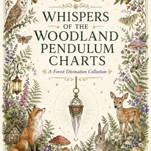 Puede incluir: Una portada de libro titulada Whispers of the Woodland Pendulum Charts: A Forest Divination Collection. La ilustración presenta un péndulo de cristal central rodeado por un zorro, un ciervo, un conejo, un erizo, un búho, setas y plantas.