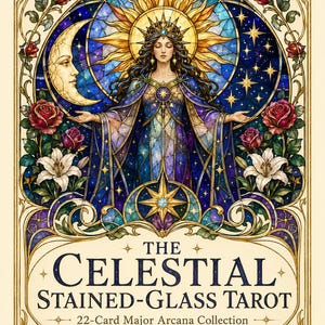 May include: A rectangular box cover titled The Celestial Stained-Glass Tarot 22-Card Major Arcana Collection. The artwork features a central figure in a blue robe beneath a sun and moon, surrounded by red roses, white lilies, and gold filigree.