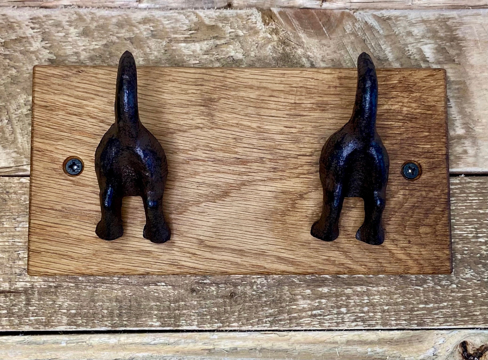 Solid Oak Cast Iron Dog Hooks Dog Tails Leash Hanger Leash Etsy