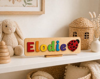 Rompecabezas de madera personalizado con nombre, insectos y flores: recuerdo Montessori, decoración para la habitación infantil.