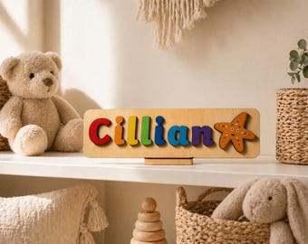 Personalised Wooden Name Puzzle with Sea Life: Montessori Keepsake, Nursery Decor