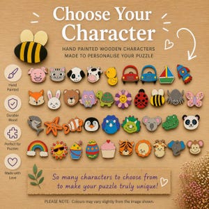 Puede incluir: Una colecci&oacute;n de personajes de rompecabezas de madera pintados a mano en varias formas, incluyendo animales, veh&iacute;culos y objetos. Los personajes son de colores brillantes e incluyen una abeja, un cerdo, un gato, un perro, una vaca, un pato, un coche, un velero y un cohete.