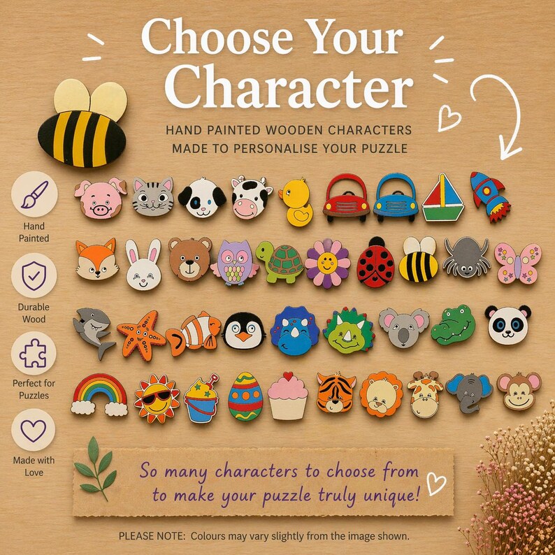 Puede incluir: Una colecci&oacute;n de personajes de rompecabezas de madera pintados a mano en varias formas, incluyendo animales, veh&iacute;culos y objetos. Los personajes son de colores brillantes e incluyen una abeja, un cerdo, un gato, un perro, una vaca, un pato, un coche, un velero y un cohete.