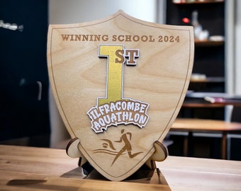 Personalised Wooden Trophy Shield, Custom Sports or School Award