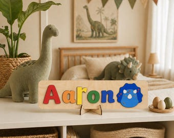 Personalised Wooden Name Puzzle with Dinosaurs: Montessori Keepsake, Nursery Decor