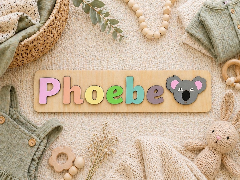 Puede incluir: Rompecabezas de madera con el nombre "Phoebe" en letras coloridas y un koala. El rompecabezas est&aacute; rodeado de ropa de beb&eacute;, un conejito de peluche y juguetes de madera sobre una alfombra crema.