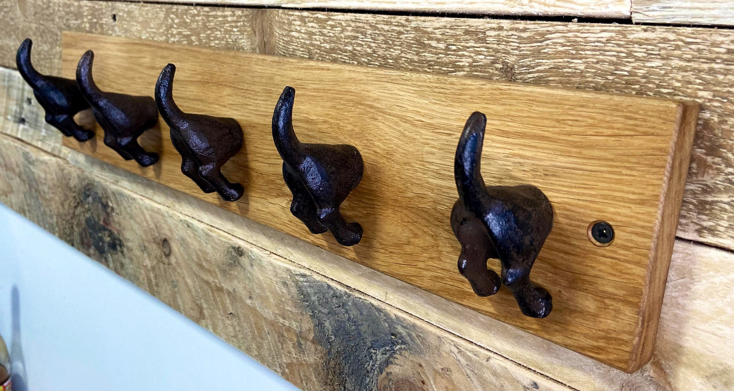 Solid Oak Cast Iron Dog Hooks Dog Tails Leash Hanger Leash Etsy