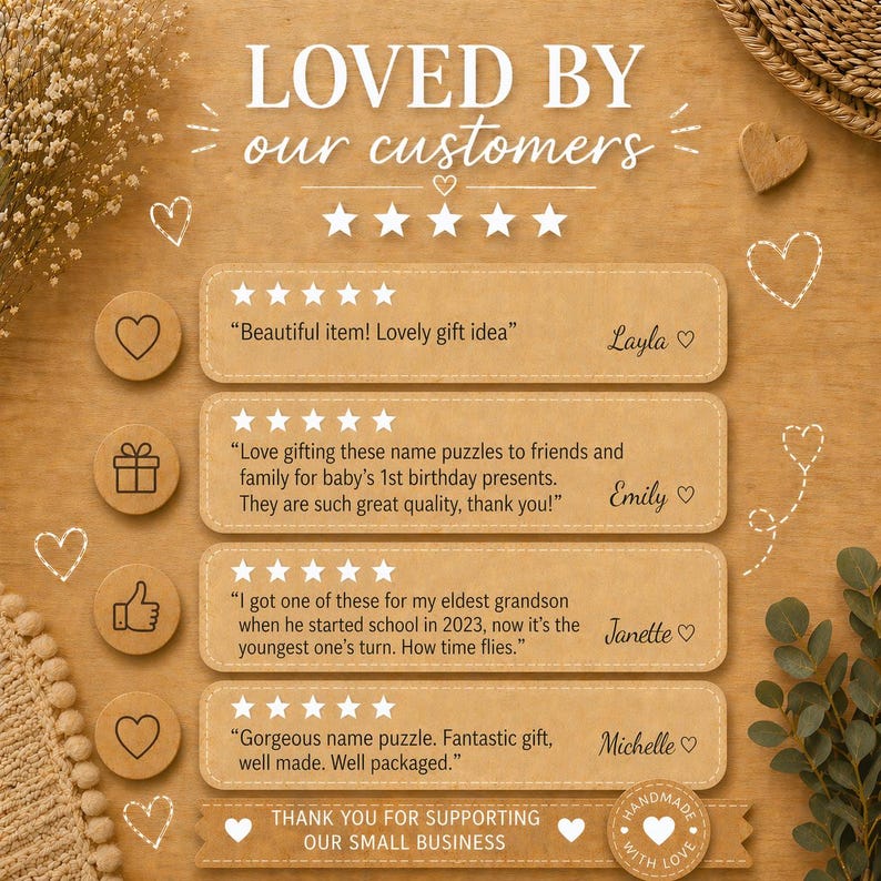 Puede incluir: Un fondo de madera con rese&ntilde;as de clientes. El texto "LOVED BY our customers" est&aacute; en la parte superior. Las rese&ntilde;as incluyen frases como "Beautiful item! Lovely gift idea" y "Gorgeous name puzzle. Fantastic gift".