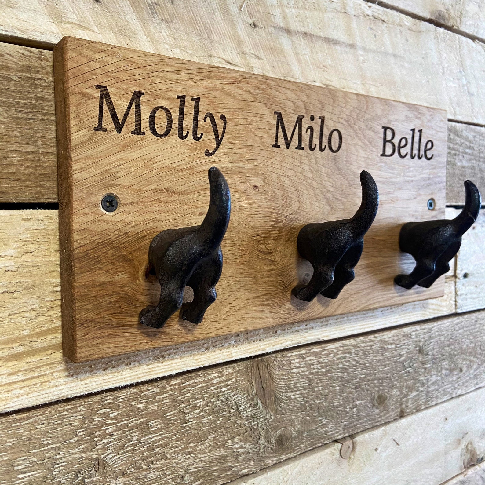 PERSONALISED Dog Lead Hook Solid Oak & Cast Iron Dog Tails Etsy