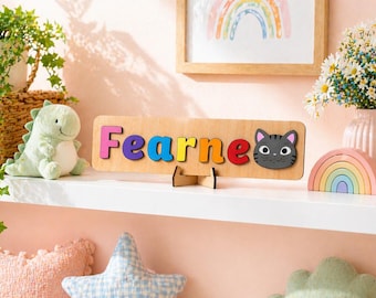 Personalised Wooden Name Puzzle with Animals: Montessori Keepsake, Nursery Decor